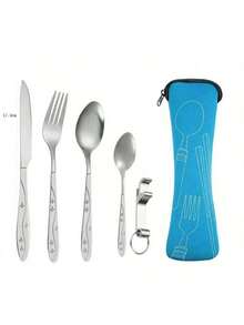 新款不锈钢便携式餐具套装，5件套，幸运星设计，户外旅行露营刀叉勺小勺礼盒套装，304不锈钢吉祥花卉5件套，含开罐器、开瓶器、西式牛排刀叉勺、创意收纳袋，户外便携套装 - 彩色 - 查看 3