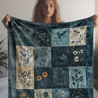 [舒适拼布羊毛毯] 柔软舒适，1 件复古风格拼布花卉印花羊毛毯 - 针织涤纶混纺，适用于沙发、床、办公室、露营、旅行 - 数码印刷，250-300gsm