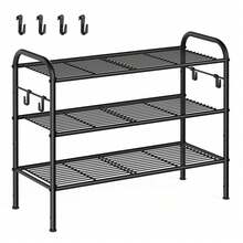 Shoe Rack, 3-Tier Shoe Organizer, Metal Shoe Shelf Storage With 4 Side Hooks, Holds 12 Pairs Of Shoes, Height-Adjustable Shoe Rack For Entryway, Hallway, Closet, Easy Assembly - Black - View 6
