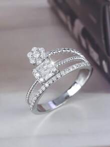 1 pièce Bague cubique en zircone brillante, délicate et élégante aux motifs géométriques multicouches et fleurs scintillantes. Convient comme cadeau pour les femmes pour la Saint-Valentin, les rendez-vous, les anniversaires de mariage, les fiançailles, les mariages ou les fêtes d'anniversaire.