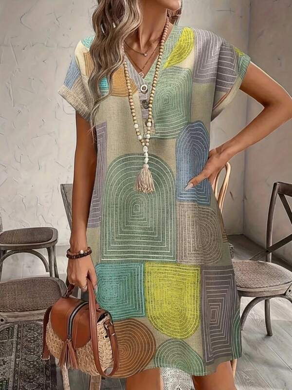 Geometric Color Block Print V-Neck Button One-Piece Sleeve Knee-Length Bodycon Dress