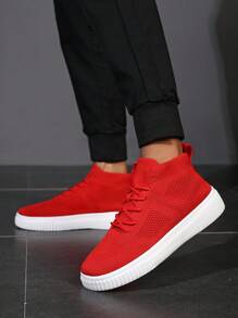 Men's High-Top Casual Sneakers, Breathable Knit Upper, Streetwear Style, Suitable For All Seasons