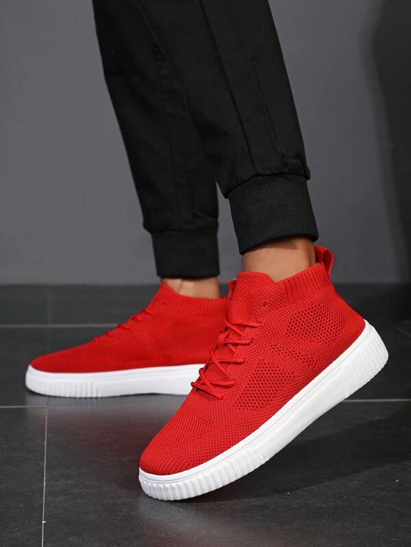 Men's High-Top Casual Sneakers, Breathable Knit Upper, Streetwear Style, Suitable For All Seasons