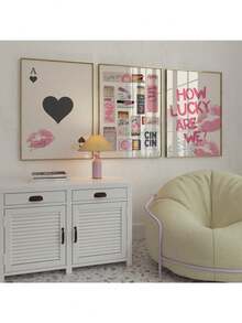 复古火柴盒印刷红桃 A 印刷品 3 件套我们有多幸运墙壁艺术复古火柴盒艺术时髦粉色美学之吻海报帆布画海报和印刷品墙壁艺术图片用于客厅装饰可选框架 - 3pcs/set - 查看 1