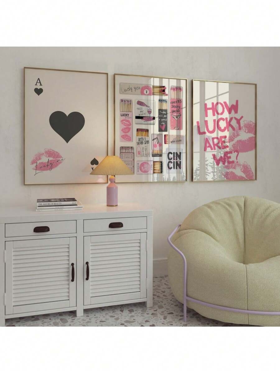 复古火柴盒印刷红桃 A 印刷品 3 件套我们有多幸运墙壁艺术复古火柴盒艺术时髦粉色美学之吻海报帆布画海报和印刷品墙壁艺术图片用于客厅装饰可选框架 - 3pcs/set - 查看 1