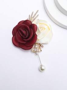 1 件男女通用优雅勃艮第山茶花和米色玫瑰花胸针，配珍珠，清新花卉翻领别针，适合新郎、新娘、伴娘、婚礼、派对、宴会、舞会、活动装饰 - 酒紅色+米 - 查看 2