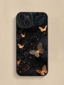 Precision Hole Straight Edge Black Gold Butterfly Painted Shockproof Phone Case Compatible With IPhone 14 Pro Max, 13, 11, XR, 7/8, Galaxy S24, A03s, A04, A12, A14, A21s, A32, A53, S20 FE, S21, S22, Redmi 9, Redmi 10A, Redmi Note 9, Redmi Note 11, Redmi 12 Waterproof Anti-Fall Scratch Resistant - Multicolor - View 3