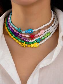 1pc Handmade Summer Ceramic Fish & Starfish Colorblock Boho Beaded Necklace, Vacation Style Bohemian Jewelry For Women - Multicolor - View 14