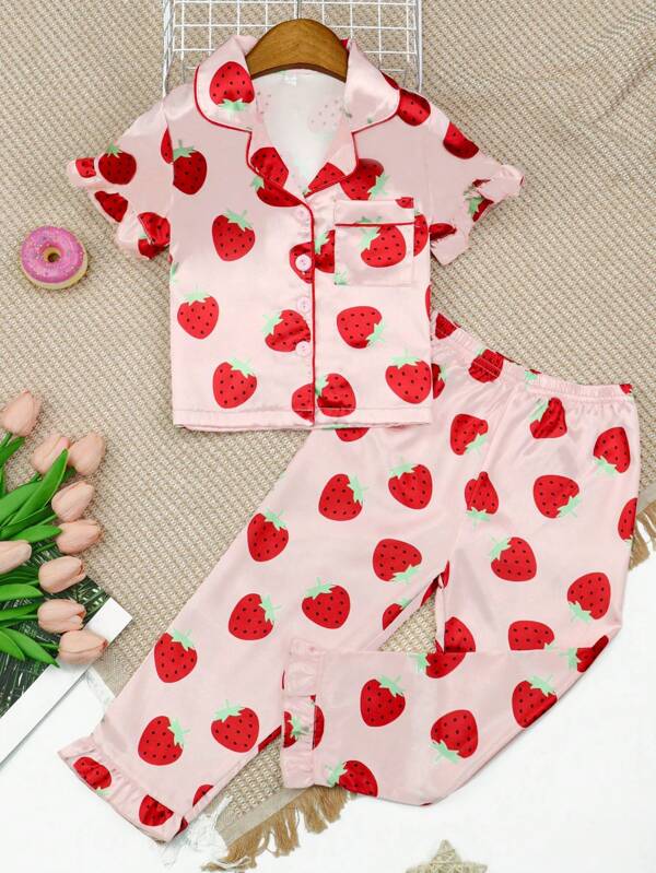 Set de 2 piezas de pijama con botones y manga corta, con estampado rosa y fresa, ropa de estar por casa linda y casual