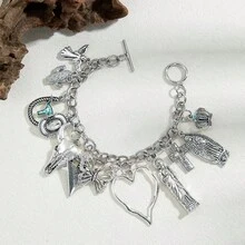 1pc Women Fashion Multi-Element Beaded Bracelet With Western Cowboy, Turquoise, Crown, Butterfly, Cross, Faux Pearl Charms - Antique Silver - View 9