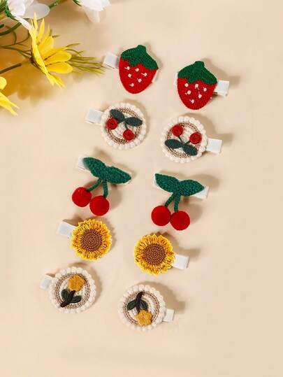 10pcs Baby & Kids Adorable Strawberry, Cherry, Sunflower Princess Hair Clips, Suitable For Photography, Wedding, Party, Daily Wear, New Year, Valentine's Day, Back To School