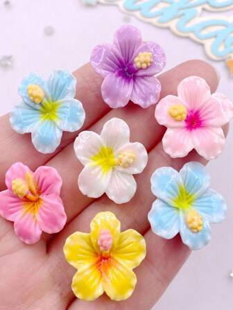 10个树脂3D彩色彩绘桃花平底石雕花摆件，DIY蝴蝶结装饰配件，夏季、学校主题工艺品