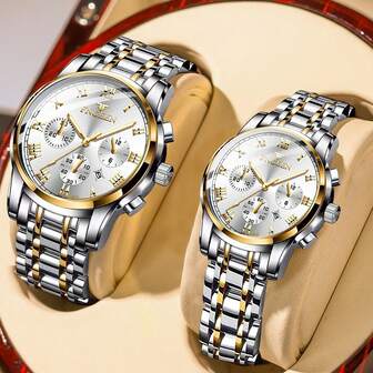 FNGEEN Set de 2 relojes de pareja con correa de acero inoxidable dorado, esfera azul con escala romana, función de calendario, resistente al agua 50m, movimiento de cuarzo japonés preciso. Regalo para el Día de San Valentín o recuerdo de boda.