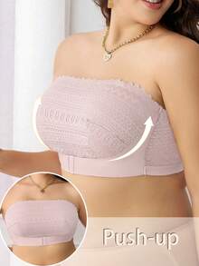 Plus Size Front Button Lace Wireless Comfortable Bra - Pink - View 2