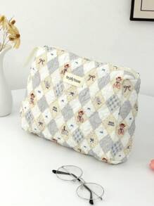 1 pezzo Borsa trucco casual carina a quadri beige, grande capacità, con cerniera, portatile, per il viaggio, per la conservazione di articoli di cancelleria, elementi essenziali per le vacanze, cosmetici, chiavi, cuscinetti, auricolari, telefoni cellulari, caricabatterie, rossetti, cosmetici, profumi, prodotti per la cura della pelle e della bellezza, per la conservazione in bagno a casa, adatta per mamme, donne, infermiere, studenti, ragazze, regali per le vacanze e il ritorno a scuola