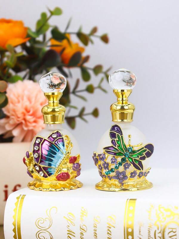 15ml Delicate Vintage Butterfly + Flower, Dragonfly Enamel Crafted Perfume Bottle, Refillable Essential Oil Container, Holiday Travel Essential Oil Accessory, Perfume And Essential Oil Dispenser Bottle, (No Perfume, Empty Bottle Only)