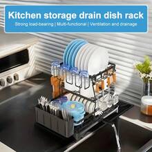3 Tier Kitchen Dish Drying Rack - Large Capacity Carbon Steel Organizer With Removable Drainage, Multi-Layer & Basket Design For Dishes, Bowls, Utensils, Space Saving, Great Housewarming & Christmas Gift, Utensil Holder