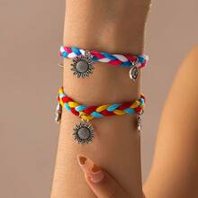 1 件可调节 3D 印花面料手链，波西米亚腕带，手工编织几何波尔卡圆点图案，男女通用时尚配饰 - 黑色 - 查看 6