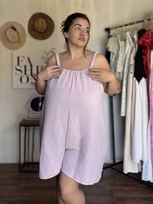 Enliva Jolene.Mendez Plus Size Summer Solid Color Belted Backless Jumpsuit Romper For Vacation And Leisure, For Apple Rounded Body Shape - Pink - View 5