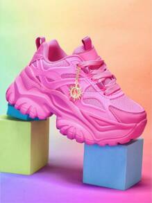 Women's 7cm Thick Sole Casual Sports Shoes With Sunflower Metal Decoration, Outdoor High Heel Platform Sneakers, Lightweight Shock-Absorbing Breathable Mesh Summer Sandals, Pink Round Toe Lace-Up For Daily, Workout, Office