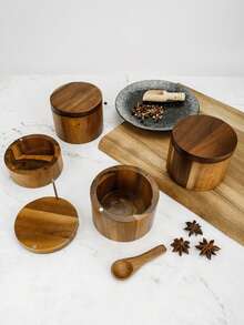 1 件红木单层盐盒调味罐带盖和勺子，厨房储物容器 - 棕色 - 查看 4