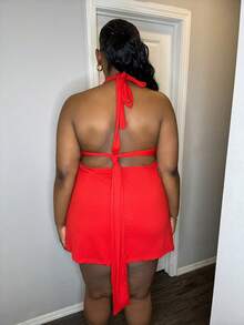 Truni Awkwardfatgirl Plus Size Women's Sweet Daily Wear Red Dress With Exposed Straps At The Back, For Pear Triangle Body Shape - Red - View 2
