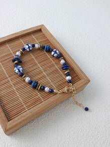 3 Stücke Vintage Keramik Schmuckset, handgefertigtes blau-weißes Porzellan mit Halskette aus Naturstein, Perlenarmband & Ohrringe, geeignet für Damen Alltags- und Festivaloutfits, Frühling/Sommer