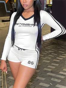 Inmen 夏季性感纯色修身两件套，长袖V领字母印花上衣搭配绷带短裤，适合夜店穿着