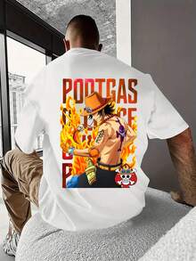 Men Black And White 100% Cotton T-Shirt Soft Breathable Short-Sleeved T-Shirt With Anime Print Loose Couple Short-Sleeved 195g Summer Short-Sleeved With Print <ONE PIECE>