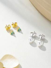 1 Pair Minimalist European And American Style Geometric Cubic Zirconia Stud Earrings, Silver Faux Pearl Earrings, Women Accessories For Daily Wear