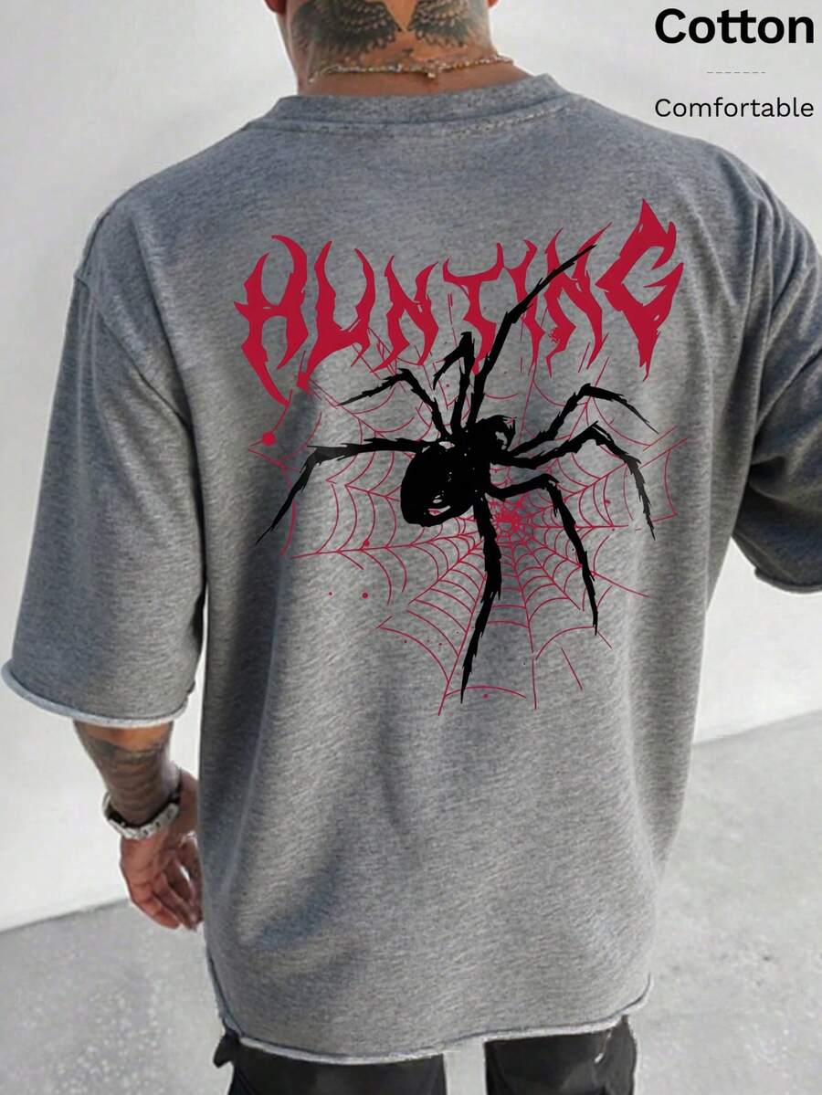 基础款纯棉男士T恤蜘蛛侠元素印花罗纹撞色学院风春夏新款柔软透气男士碎花灰色短袖上衣运动男装