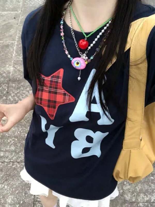 Women's Loose Black Printed T-Shirt - Short Sleeves, Loose Fit, Machine Washable, Japanese Text, Panda Pattern Design