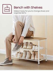 Coat Rack, Coat Stand With Shoe Storage Bench, Hall Tiree With Shoe Rack, 3-In-1 Design, Steel Frame, For Hallway, Entrance, 32 X 70 X 177 Cm, Modern, Oak And Cream - 薑色 - 查看 5