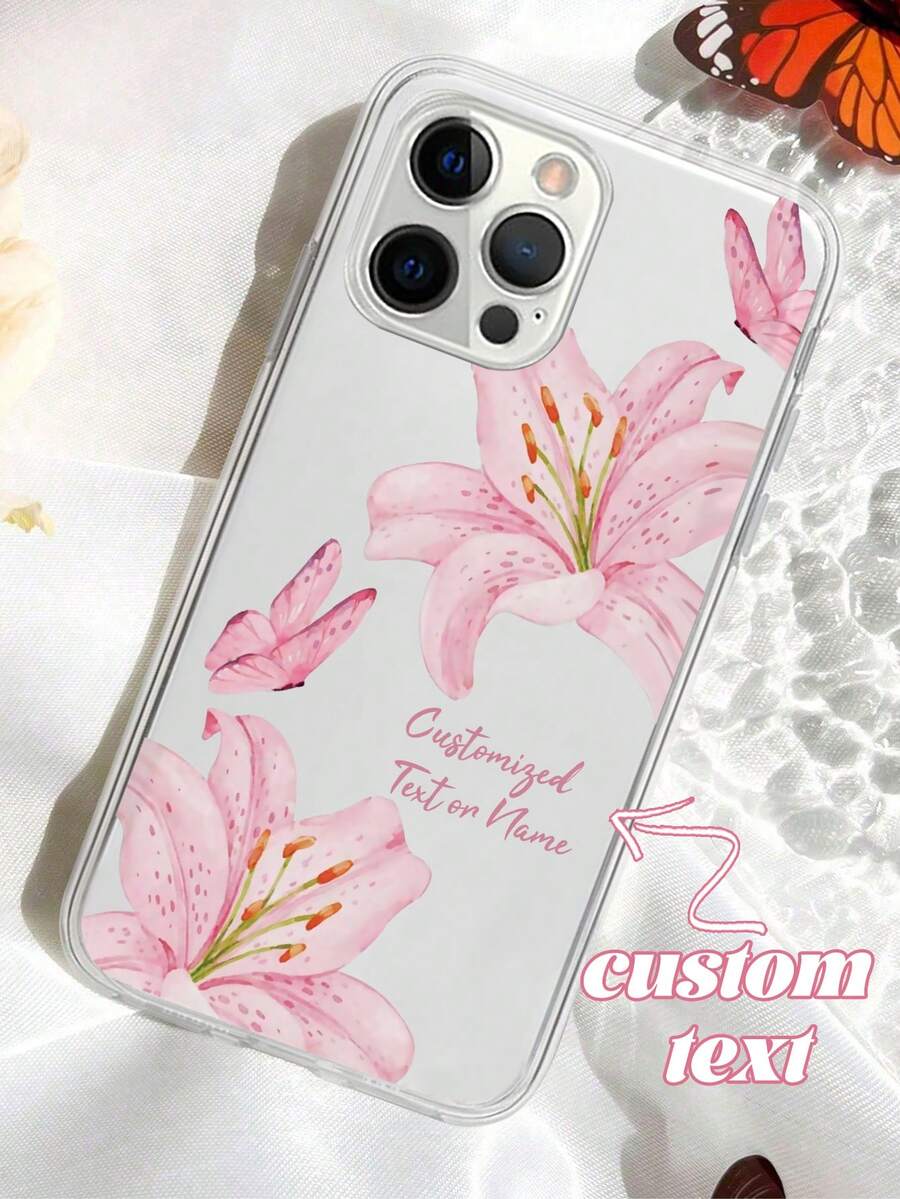 1pc Customized Floral Pattern Phone Case With Name Text, Anti-Drop Clear Case Compatible With IPhone 11/12/13/14/15/16/16Pro/16Plus/16ProMax, Great Gift For Family And Friends - Clear - View 1