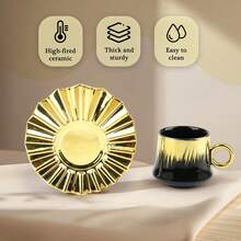 6-Piece Ottoman-Style Turkish Espresso Cup & Saucer Set – 3.5 Oz Ceramic Cups With Gold-Plated Rim In Black, Gift Box Included - As Shown - View 5
