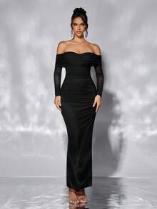 Women's Elegant Ruched Off Shoulder Bodycon Long Dress With Side Slit, Stretch Net Fabric, Suitable For Party, Cocktail, And Everyday Wear Wedding Black - Black - View 3