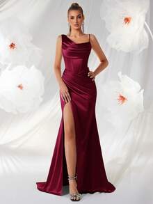 ADYCE Asymmetric Draped Collar Party Dress, Satin Herringbone High Waist Pleated Open Back Tie Long Formal Gown, Suitable For Formal Occasions Like Wedding Guest, Bridesmaid, Homecoming, Prom - Burgundy - View 8