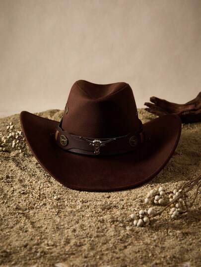 Tropiscape Sombrero de vaquero occidental para mujer con decoración de cabeza de vaca, sombrero de fedora estilo callejero, sombrero de vaquera, regalo de Navidad, otoño, invierno