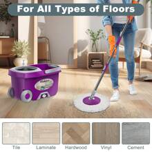 Mop And Bucket With Wringer Set,Spin Mop And Bucket System, Mops For Floor Cleaning,Household Supplies Tools With 6 Replacement Refills,61" Extended Handle For Household Hardwood Floor - Purple