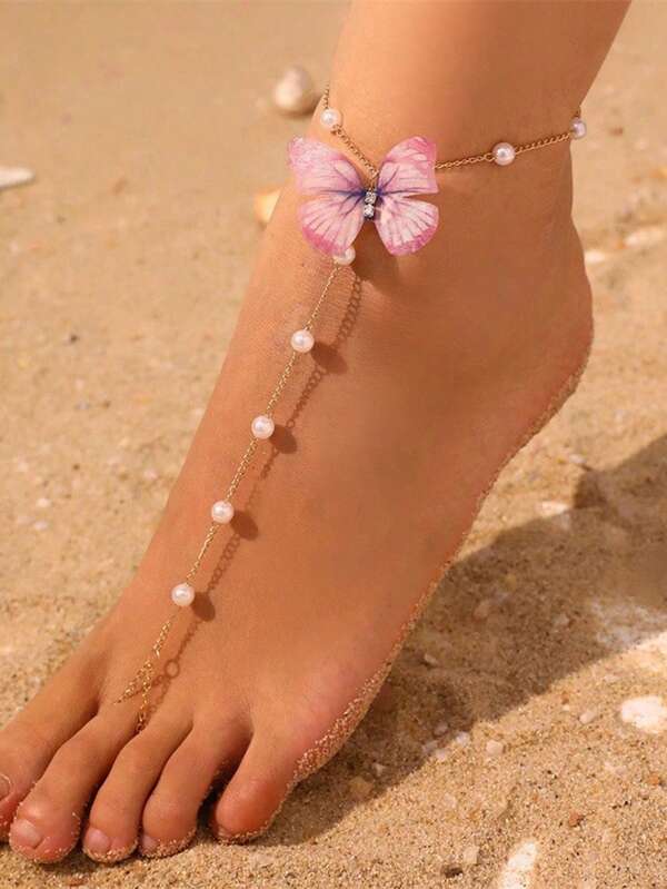 1pc Customized Women Butterfly Tassel Beaded Faux Pearl Anklet, Suitable For Daily Wear, Beach Party, Best Gift For Friends & Sisters