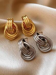 1pair Bridal Exaggerated Simple Stylish Asymmetrical Summer Hollow Hoop Out Several Circle Round Entwined Texture Mixed Multilayer Circle Twist Knot Gold Color Earrings Multi-Layered Wrap Stud Earrings For Women Wedding Party Banquet Gift Jewelry