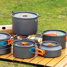 Camping Cookware Set 3 PCS Outdoor Kettle Pot And Pan Portable Picnic Gear Car Camping Cookware Set 3 Piece Kettle Pot Combo For Road Trip Outdoor - Dark Grey - View 1