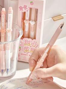 4pcs Lovely Animal Erasable Gel Ink Pens Set, Cartoon Pink Pull-Down Extended Clips 0.5mm Ballpoint Black Color Ink For Writing Student Back To School - Multicolor - View 9