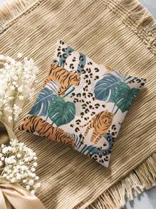 2pcs Animal Leopard & Tiger Style Forest Pattern Decorative Throw Pillow Covers, Alphabet Print Square Pillow Cases Without Filling, Cute Cushion Covers, For Sofa, Living Room