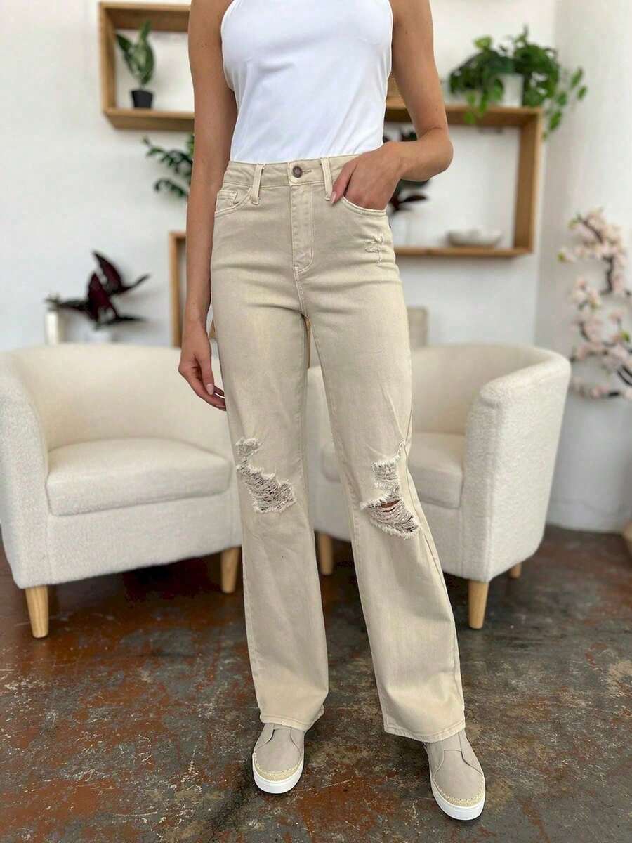 Women's Casual Jeans High-Waisted Distressed Wide Leg Denim Pants Beige With Ripped Details Full Length Button And Zipper Closure Casual Fit For Everyday Wear - 骨 - 查看 1