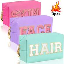 3PCS Set Waterproof Cute Women Teen Girls Preppy FACE HAIR SKIN Chenille Letter Patches Makeup Bag Travel Cosmetic Pouch Skincare Face Cosmetic Bag Toiletry Bag Hair Products Stuff Pouch Makeup Travel Toiletry Organizer Essentials Gifts Storage Zipper Accessories Nail Bags, Makeup Bag, Vanity, Make Up Bag, Storage, Makeup Bags, Toiletry Bag , Ladies' Travel Grooming Bag, Chenille Letter Cosmetic Bag, PU Leather Waterproof Bag, Cute Zipper Storage Bag, Suitable For Skin, Hair And Facial Care Bags, Travel Storage Overnight Bag, Large Capacity Convenient Business Travel Bag Bathroom Bathing Beauty And Health Convenient Small Fragrance Makeup Bag. Unique Travel Makeup Bag, Cosmetics Storage Bag, Compartment With Removable Makeup Brush, Internal Double-Sided Transparent Storage Compartment, Portable Toilet Bag, Large Capacity Storage, Multi-Functional Beauty Storage Bag, Bathroom Toilet Bag, - 彩色 - 查看 20