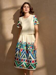 Elegant Charming Cute Jacquard Fabric Two Pieces Set, Ethnical Style Lightweight Luxury Sleeveless Top And Pleated Skirt - Multicolor - View 3