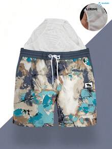 Men's Summer Printed Pattern Drawstring Waist Slant Pocket Hawaiian Quick-Dry Double-Layer Mesh Lined Shorts, Coconut Tree 3D Artistic Print, Fashion Casual Beachwear Swim Trunks - Multicolor - View 2