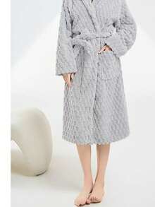 1pc Purple Coral Fleece Robe, Comfortable Breathable Loungewear, Casual Style, 3D Tortoiseshell Pattern, Super Absorbent Hooded Bathrobe Back To School - Grey - View 4