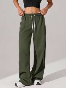 1件装女士华夫格针织宽松直筒抽绳腰撞色简约健身运动裤，春夏款